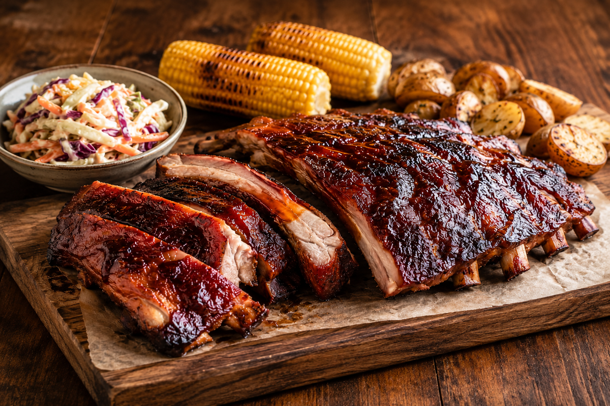 Côtes levées BBQ tendres et caramélisées préparées avec l’assaisonnement Anabelle de Mélanges Austin Blends.
