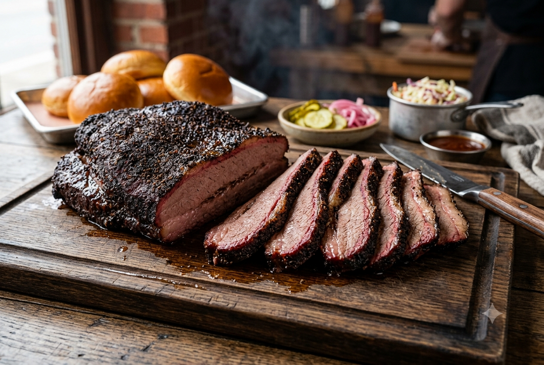 Brisket fumé, tranché et préparé avec l’assaisonnement Théo de Mélanges Austin Blends.
