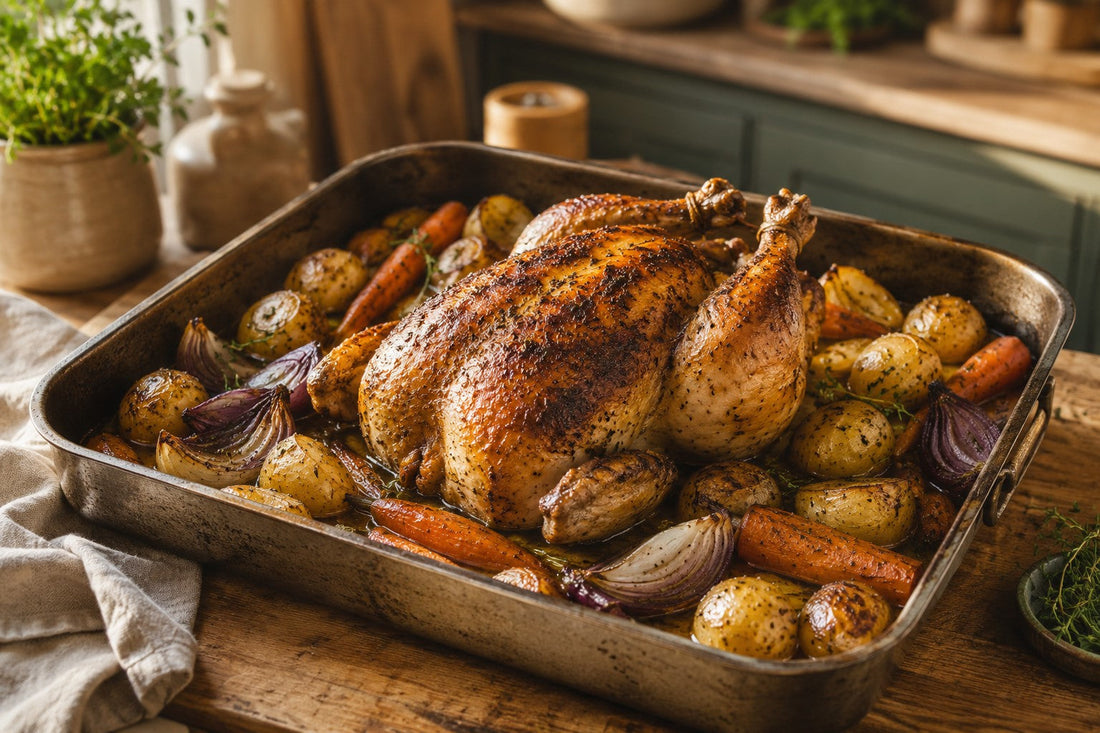 Poulet rôti entier doré avec William de Mélanges Austin Blends, accompagné de pommes de terre, de carottes et d’oignons rôtis.