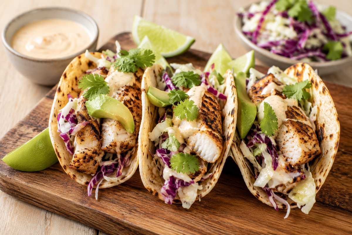 Tacos de poisson assaisonnés avec Guy de Mélanges Austin Blends, garnis de salade de chou, d’avocat et de sauce crémeuse.