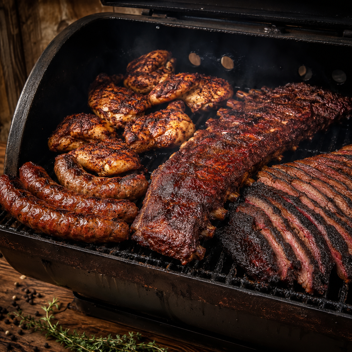 Assortiment de viandes grillées sur le BBQ, préparées avec les mélanges Austin Blends