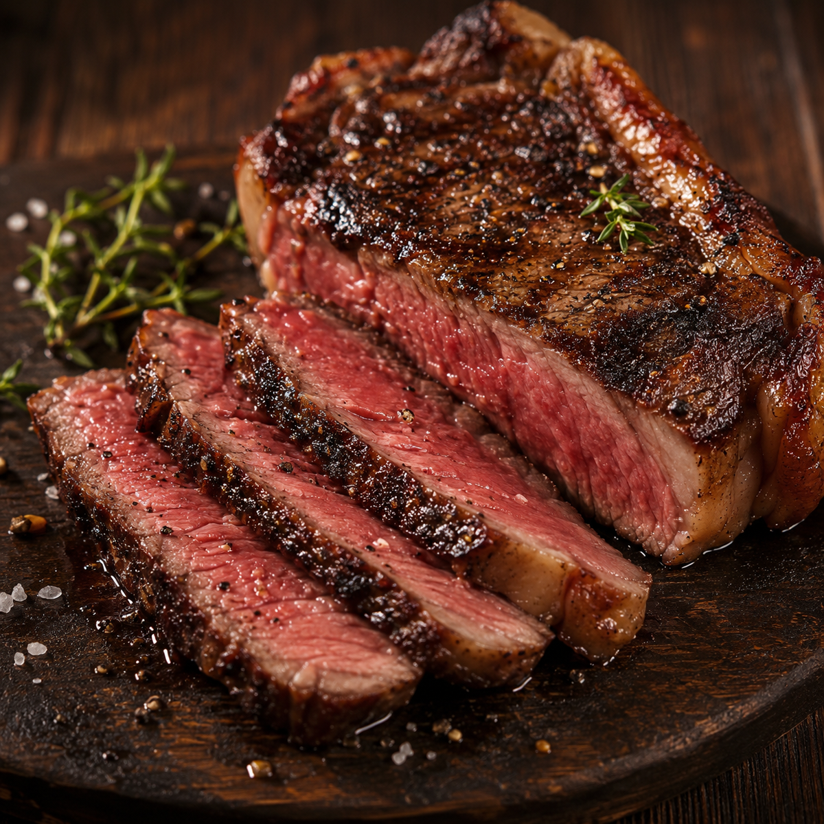 Steak grillé juteux et tranché, à la croûte bien marquée, préparé avec les mélanges Austin Blends