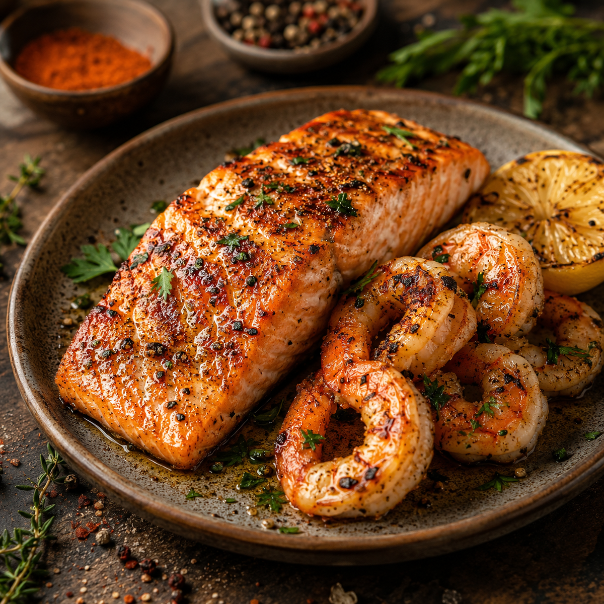 Filet de saumon grillé accompagné de pétoncles et de crevettes, relevé avec les mélanges Austin Blends