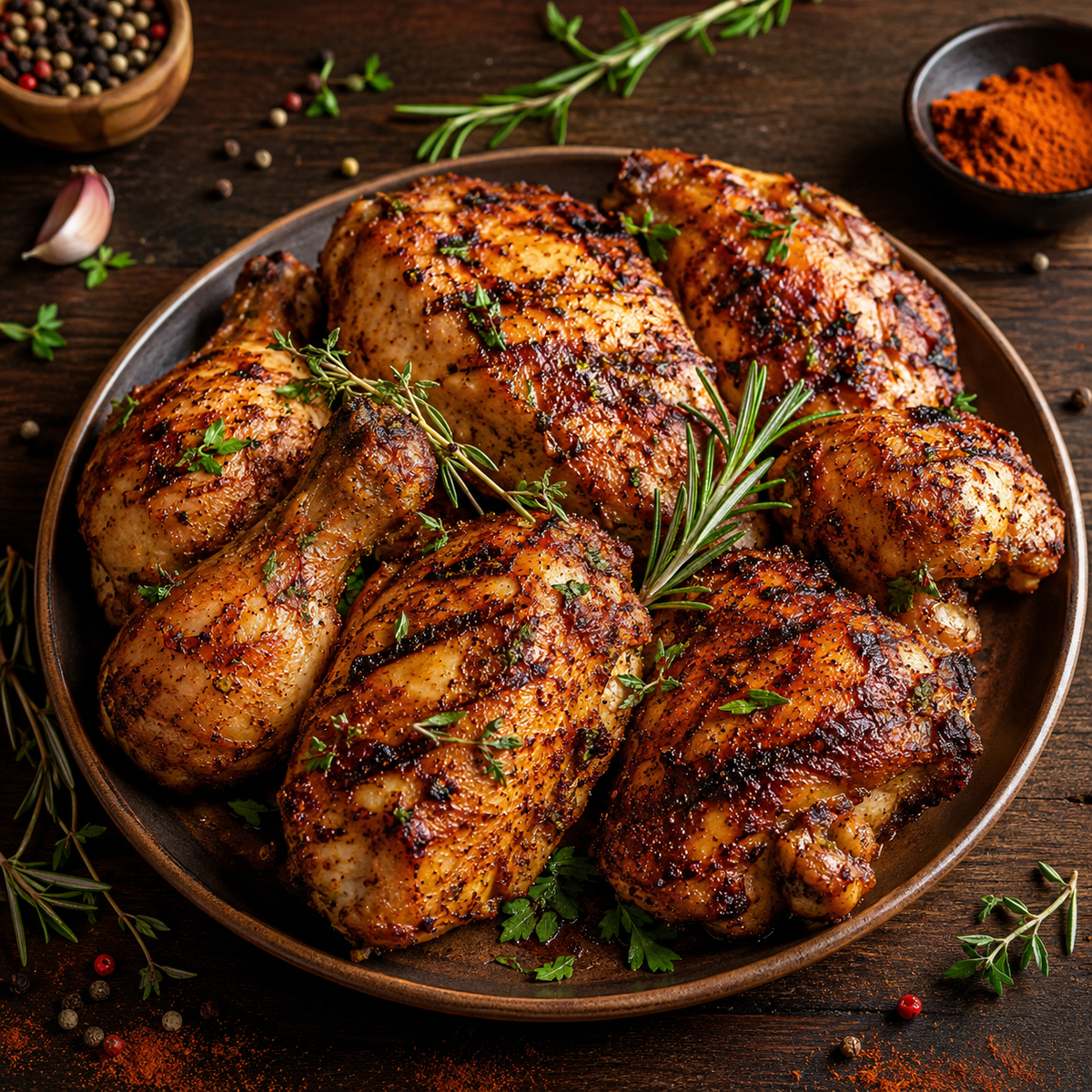 Poitrines et cuisses de poulet grillées et dorées, assaisonnées avec les mélanges Austin Blends